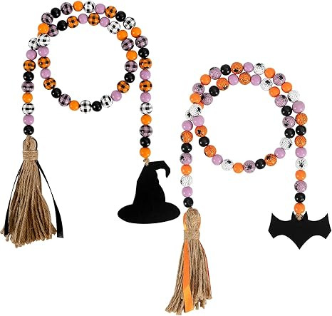 Halloween Wooden Bead Garland Buffalo Plaid Spider Web Wood Bead Wreath Farmhouse Bead Garland Be... | Amazon (US)
