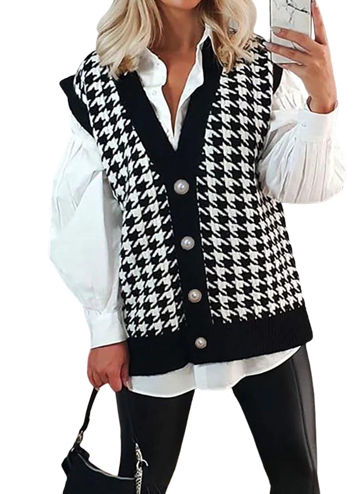 Eytino Women's Open Front Sleeveless Vest Houndstooth Knit Cardigan Coat | Walmart (US)