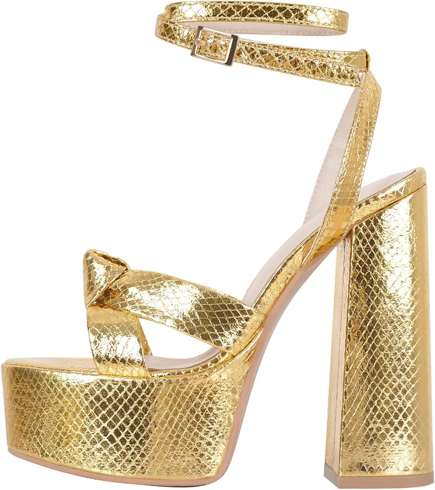 onlymaker Women's Platform Chunky Heel Sandals Peep Toe Ankle Strap Buckle Platform Metallic Wedd... | Amazon (US)