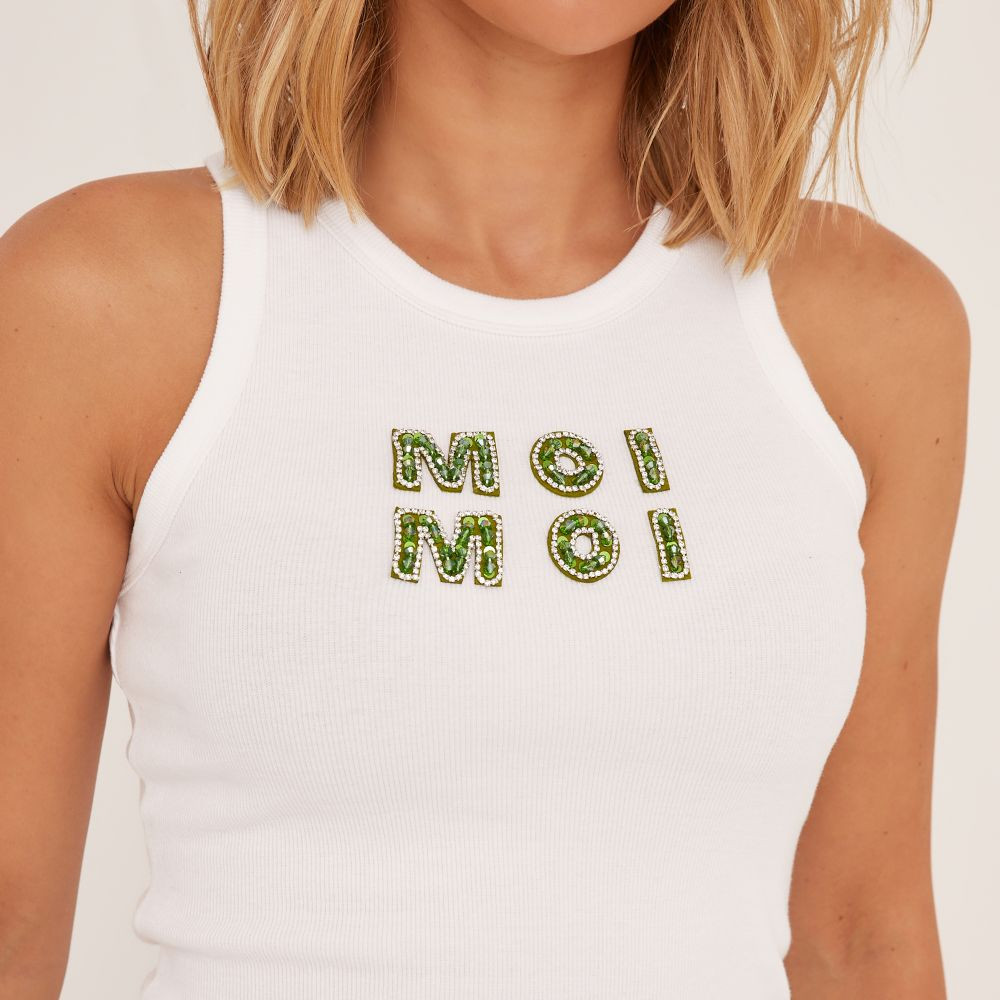 Diamante Moi Moi Slogan Sleeveless Top In Cream Rib | EGO (UK)