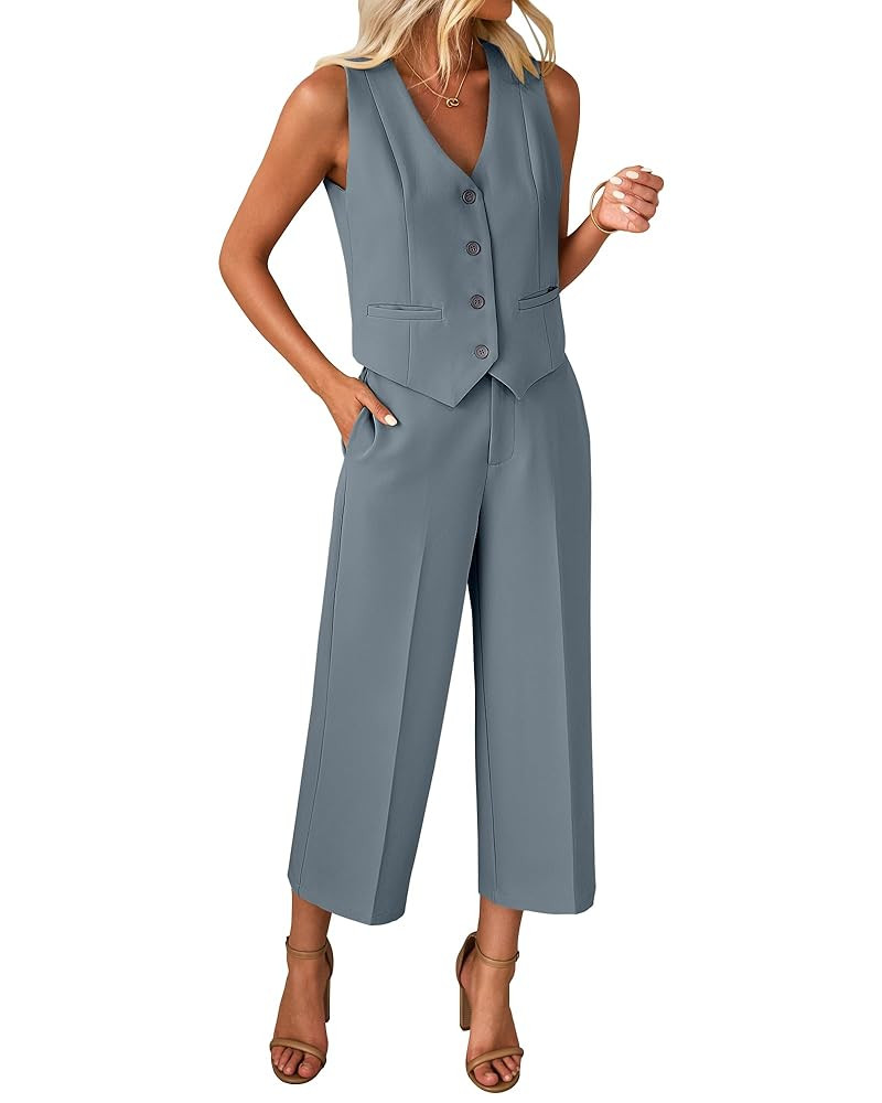 luvamia Pant Suits for Women Dressy Casual 2 Piece Sets Sleeveless Blazer Vest with Wide Leg Capr... | Amazon (US)