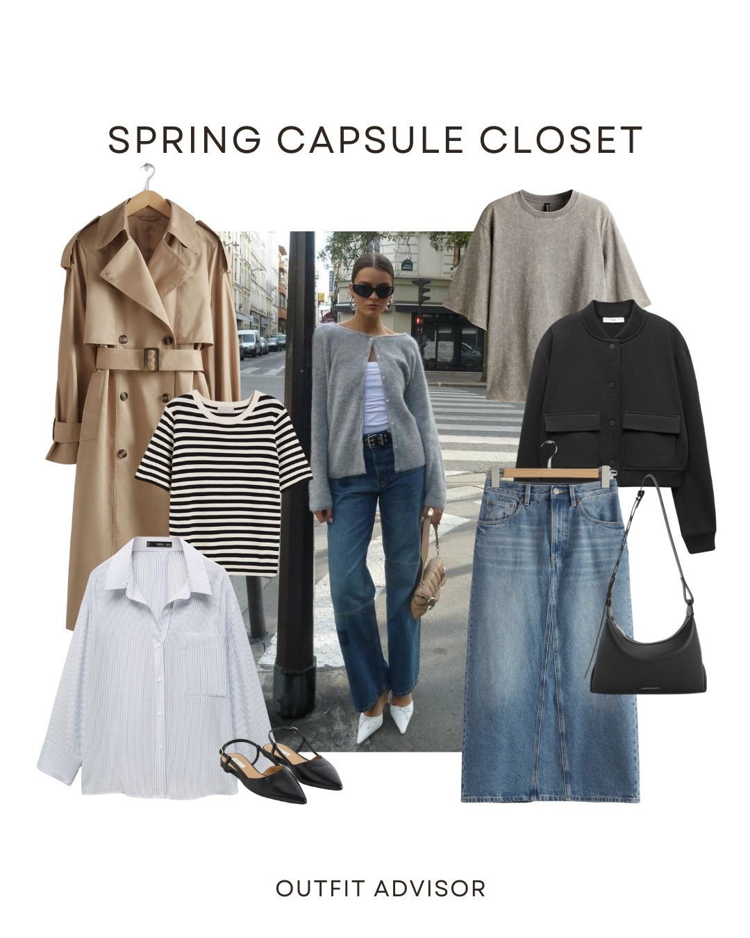 Neutral spring capsule closet with 21 pieces you can mix and match endlessly: black pants, beige pants, jeans, denim skirt, 2 dresses, a cardigan, grey blazer, blue striped button down shirt, trench coat, striped cardigan, black bomber jacket, adidas sneakers, black sneakers, slingback flats, a shoulder bag, a crossbody bag, 3 tshirts, a tank top and a knit waistcoat.

#LTKstyletip #LTKshoecrush #LTKitbag