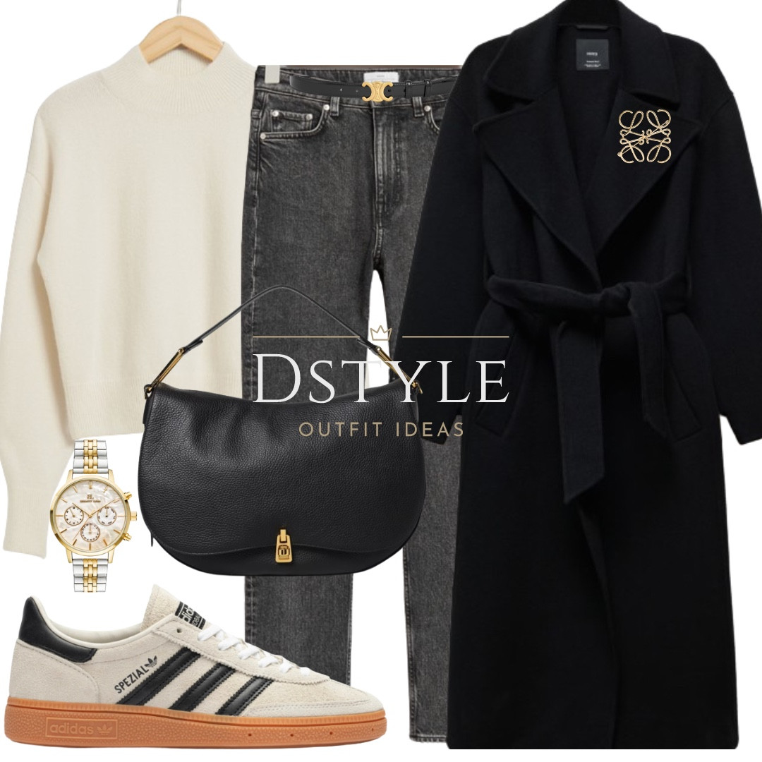 Versatile vibes: Cream mock-neck sweater, dark grey jeans, black woolen coat with a belt, paired with Adidas Handball Spezial and a black bag. Add a touch of gold or switch to flat ankle boots for a chic twist. Which look speaks to you? 🖤✨ #StyleChoices #MixAndMatch

#LTKfindsunder50 #LTKshoecrush #LTKstyletip