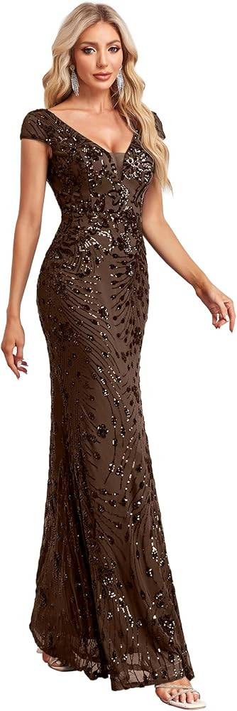 Womens Sequined Long Evening Gown Glamous Sleeveless V-Neck Mermaid Prom Dress for Wedding Party ... | Amazon (US)