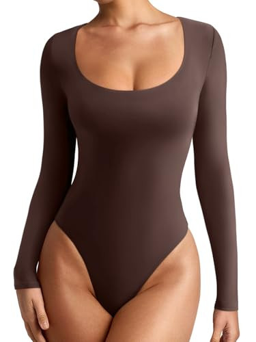 REORIA Womens Basic Sexy Scoop Neck Long Sleeve Leotards Fashion Fall Outfits Double Lined Layering Slim Soft Bodysuits Tops Shaved Chocolate Medium | Amazon (US)