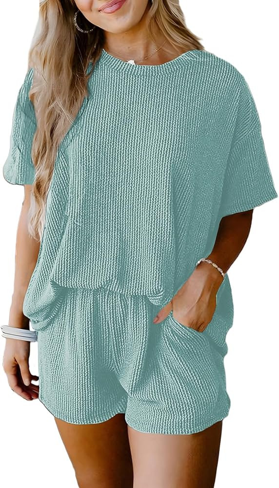 SHEWIN Two 2 Piece Sets for Women Short Sleeve Shirts High Waisted Shorts with Pockets Pajamas Lo... | Amazon (US)
