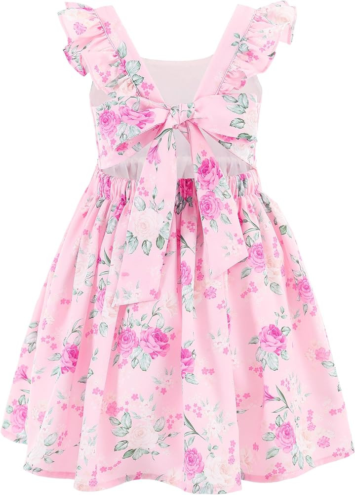 Floral Girls' Dress Summer Spring Ruffle Sleeve Tie Back Casual Kid Sundress | Amazon (US)