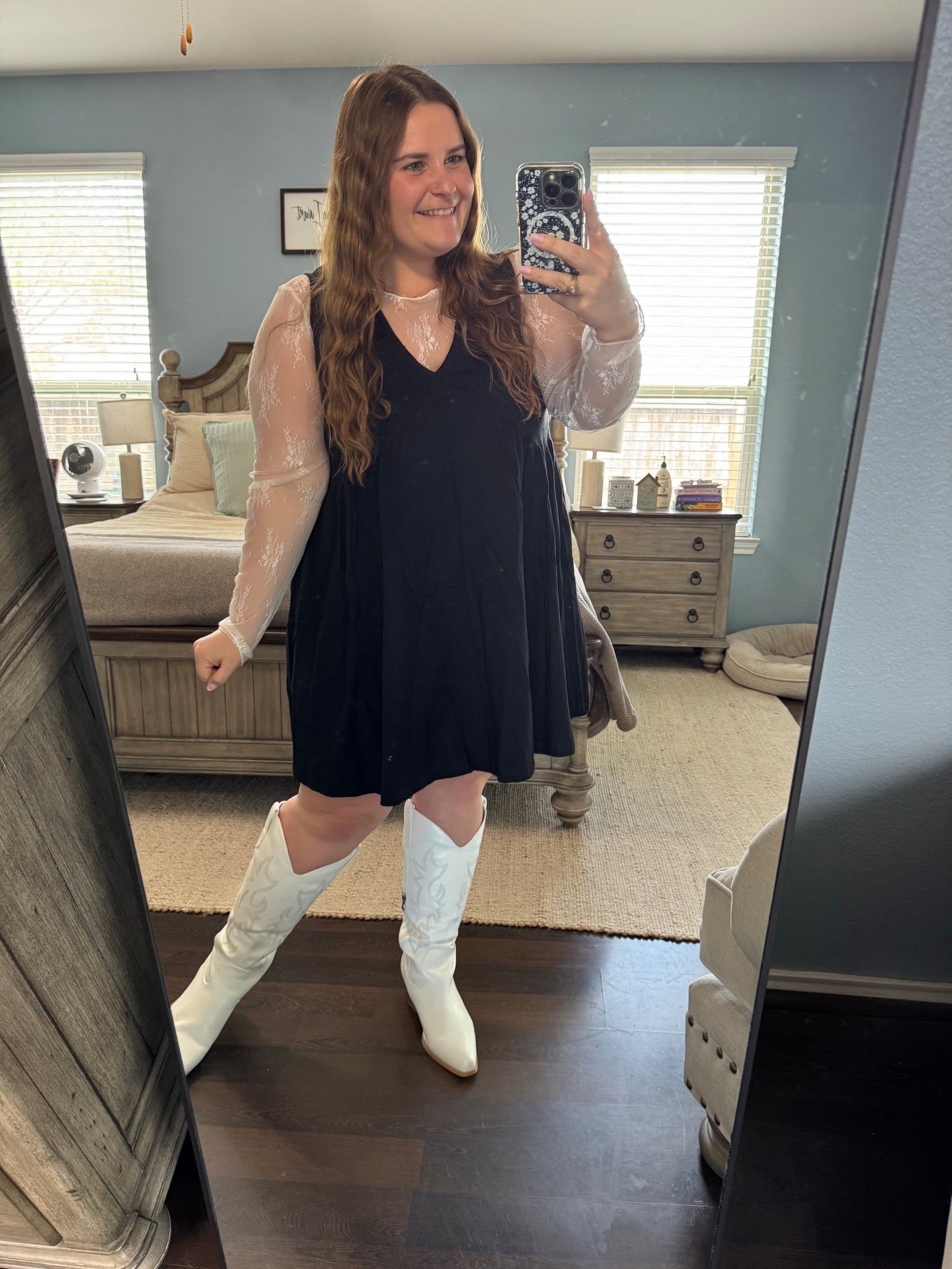 Wearing an xxl in the white lace undershirt, a large in the black dress (I sized down two), and I finished the look with wide calf friendly cowgirl boots! 

#LTKMidsize #LTKPlusSize #LTKootd