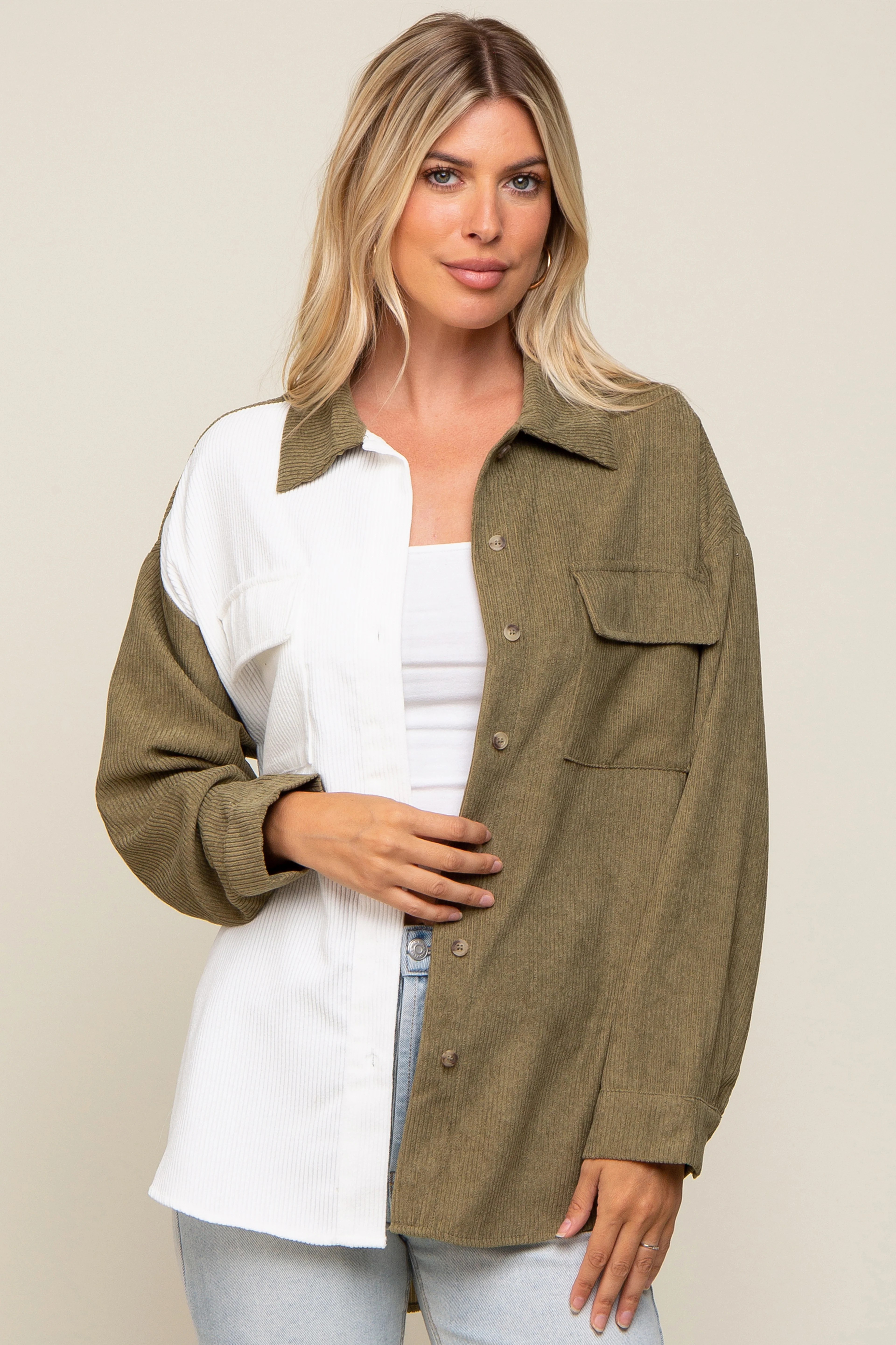 Olive Color blocked Courdoroy Button Down Top | PinkBlush Maternity