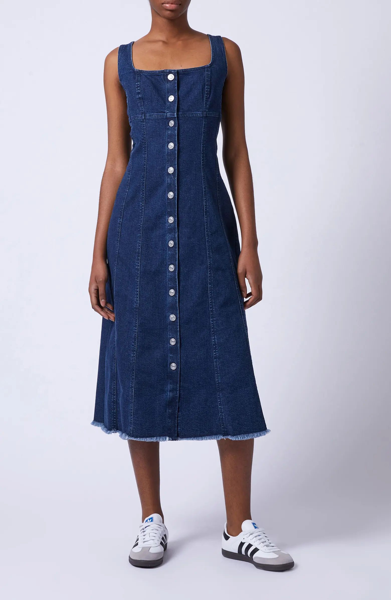 French Connection Arywode Sleeveless Fray Hem Denim Midi Dress | Nordstrom | Nordstrom