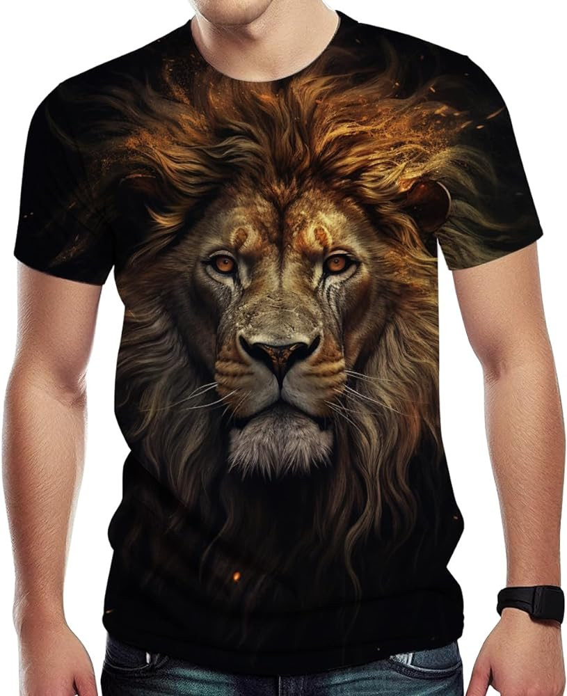 Lurhonp Men's Lion Print Crew Neck Short Sleeve T-Shirt | Amazon (US)