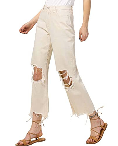 VERVET by Flying Monkey Distressed Cropped Flare Jeans Cream High-Waist (as1, Numeric, Numeric_25, Regular, Regular) | Amazon (US)