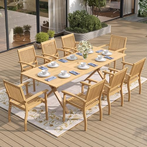 SUNSHINE VALLEY Acacia Wood 9 Piece Patio Dining Sets for 8, Outdoor Dining Set with Expandable Teak Dining Table(1.97" Umbrella Hole) & Wooden Chairs, Patio Table and Chairs for Backyard,Deck | Amazon (US)
