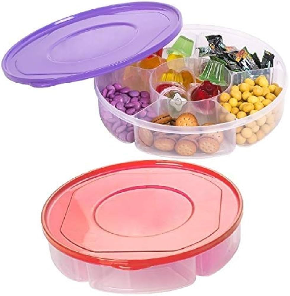 2 Pack - Candy and Nut Serving Container, Appetizer Tray with Lid, 6 Compartment Round Plastic Fo... | Amazon (US)