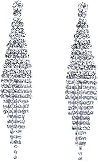 Amazon.com: CHRAN Silver Teardrop Crystal Long Tassels Dangle Earrings Sparkling Rhinestone Ladie... | Amazon (US)