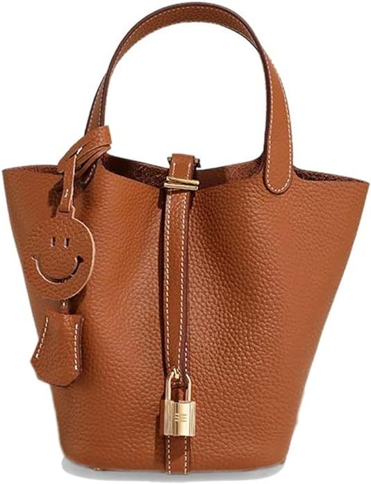 Genuine Leather Handbags for Women Bucket Bags Fashionable Lock Buckle Design The Leather Tote Ba... | Amazon (US)