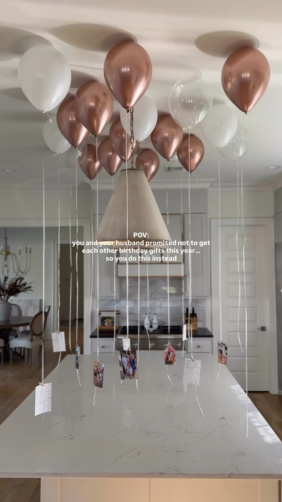 10/10 recommend this birthday surprise 🎈🎉 save for a birthday, anniversary, or any other special occasion 🫶🏼 so simple & sentimental

DIY floating balloons tutorial:
1. Fill balloons & tie curling ribbon (highly recommend using a balloon pump !!) 
2. Use sticky dots or tape to stick to ceiling 
3. Print 4 x 6 photos (or smaller) and write messages on the back of each photo 
4. Attach photos to curling ribbon - I used mini clothes pins but you could also just hole punch the photo and tie to ribbon

#birthdaysurprise #birthdaydecor #husbandandwife birthday ideas, gift ideas, anniversary ideas, family