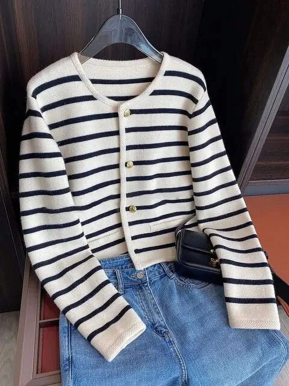 Korean Fashion Sweater Cardigan White Black Striped Knitted Sweater Women 2023 Winter Short Cardi... | Walmart (US)