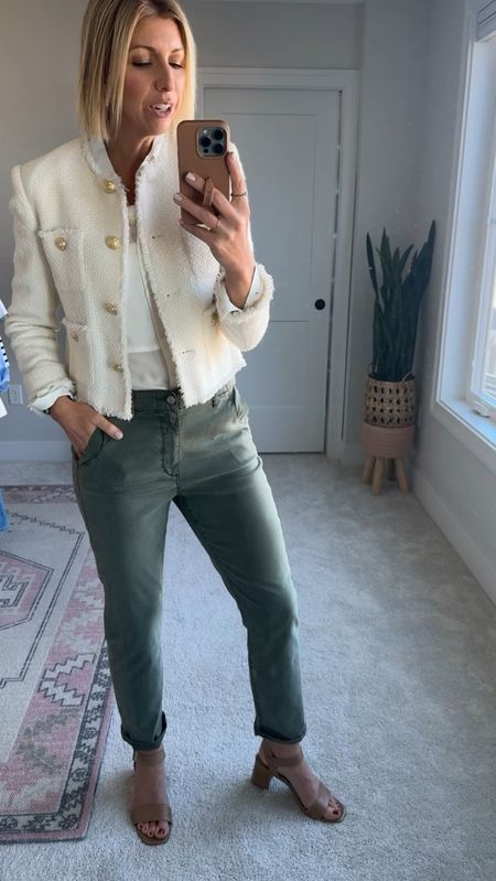 Elevated spring outfit for special events, end of school year events, Mother’s Day, graduation. I love these olive greens straight leg pants as an alternative to jeans.

I’m wearing a size 28- I’m 5’10” for height reference 

#LTKVideo #LTKworkwear #LTKover40