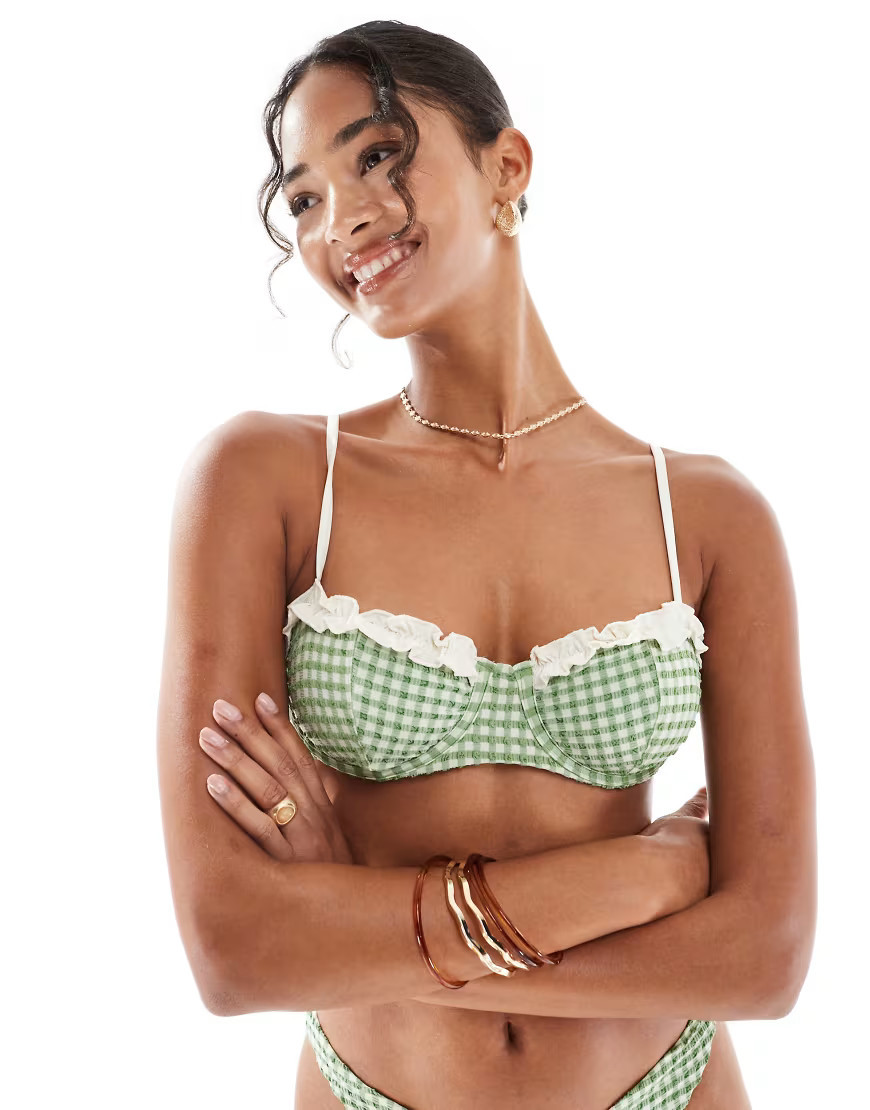 ASOS DESIGN Dorothy underwired balcony bikini top in gingham-Green | ASOS (Global)