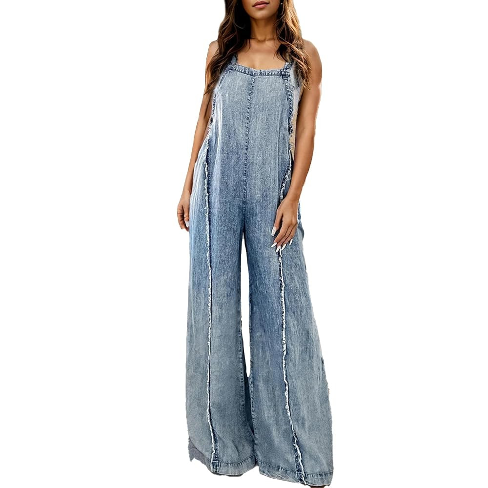 Owl's-Yard Women's Denim Jumpsuit Loose Vintage Washed Raw Trim Square Neck Open Back Sleeveless ... | Amazon (US)