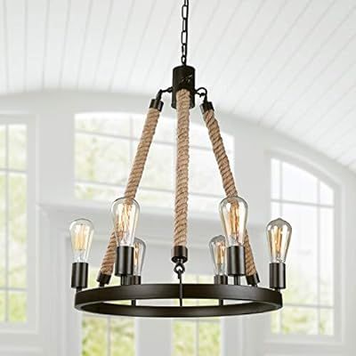 LNC Farmhouse Chandeliers Rustic Round Wagon Wheel 6-Light Fixture with Rope for Dining & Living ... | Amazon (US)