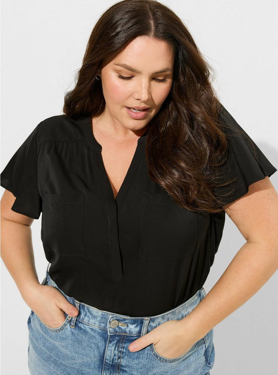 Harper Studio Crepe de Chine Flutter Short Sleeve Blouse | Torrid (US & Canada)
