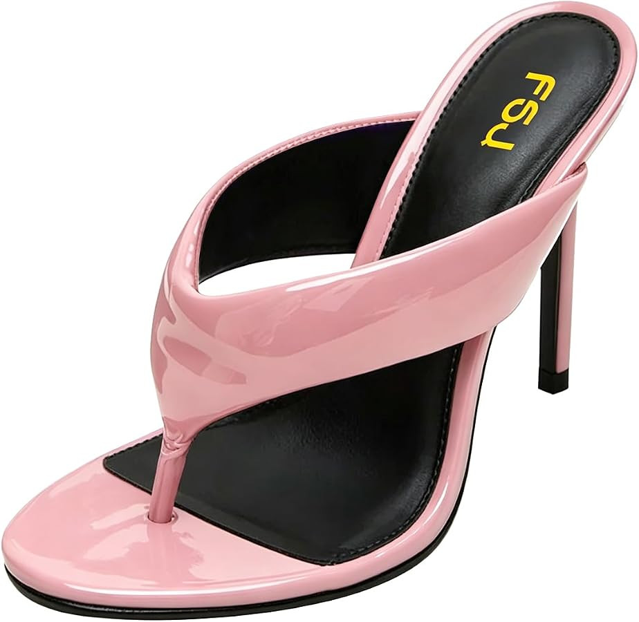 FSJ Women Round Open Toe Thong Stiletto Mule Sandals High Heel Slip On Flip Flops Comfortable Summer Wedding Evening Shoes Size 4-16 US | Amazon (US)