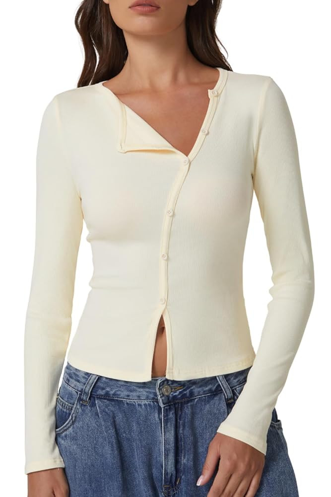 QINSEN Women's Long Sleeve Ribbed Crewneck Shirts Upper Button Fastening Going Out Tops | Amazon (US)