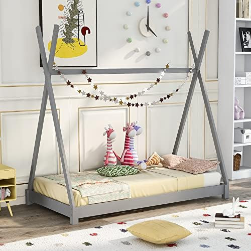 AOCOROE Wood Twin Bed Frame for Boys and Girls,Montessori Twin Size Teepee Tent Design Floor Heig... | Amazon (US)