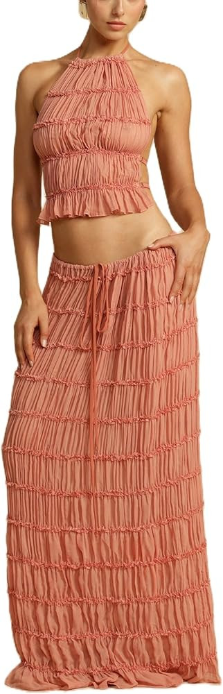 Womens 2 Piece Maxi Skirt Set Lace Up Sleeveless Tank Top and Flowy Long Skirt 2024 Summer Beach ... | Amazon (US)