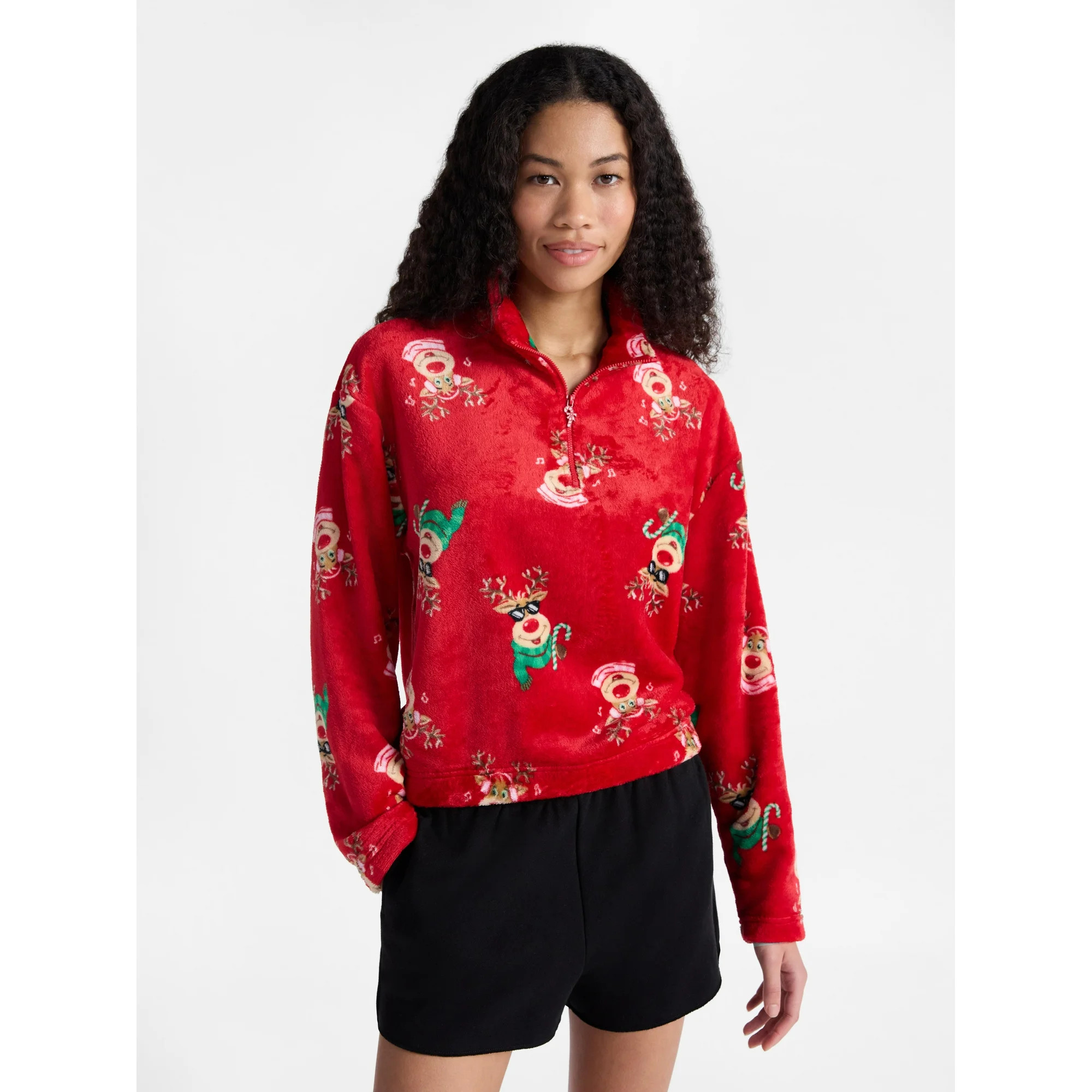 No Boundaries Christmas Quarter Zip Mock Neck Plush Top with Long Sleeves, Women's | Walmart (US)