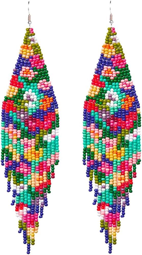 Luluping Long Beaded Dangle Earrings – Boho Native Handmade Seed Bead Tassel Earrings for Women... | Amazon (US)