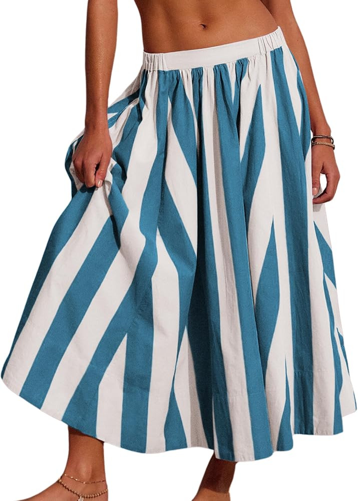 Women's A Line Rainbow Striped Maxi Skirt Elastic Waist Flowy Beach Vacation Summer Skirt | Amazon (US)
