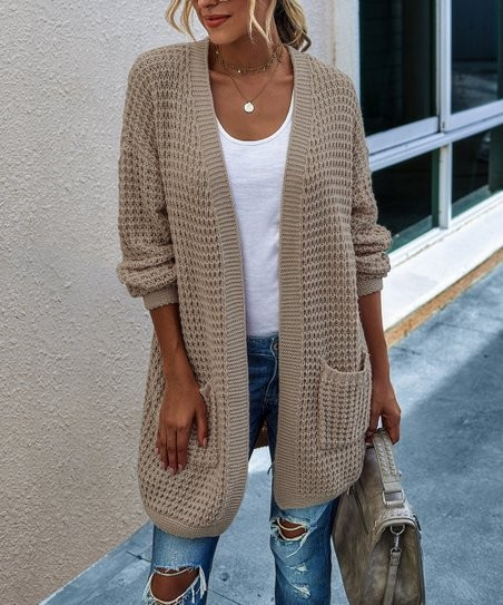Khaki Waffle-Knit Pocket Open Cardigan - Women | Zulily