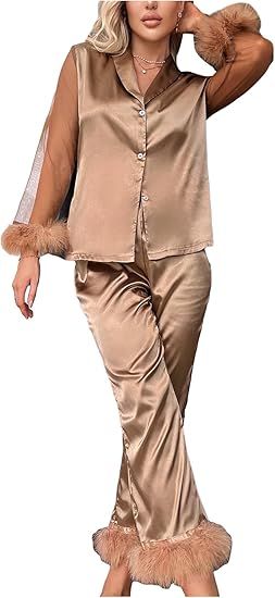 WDIRARA Women's Satin Fuzzy Trim Mesh Long Sleeve Button Down Pajamas Pants Set Sleepwear | Amazon (US)