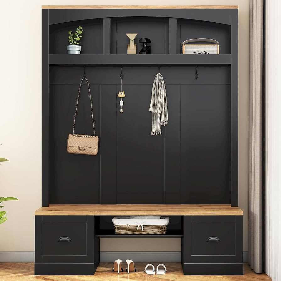 4-in-1 Hall Tree with Black Hooks and Shell Handles,Wooden Bench w/Adjustable Shelves,Multifuncti... | Amazon (US)
