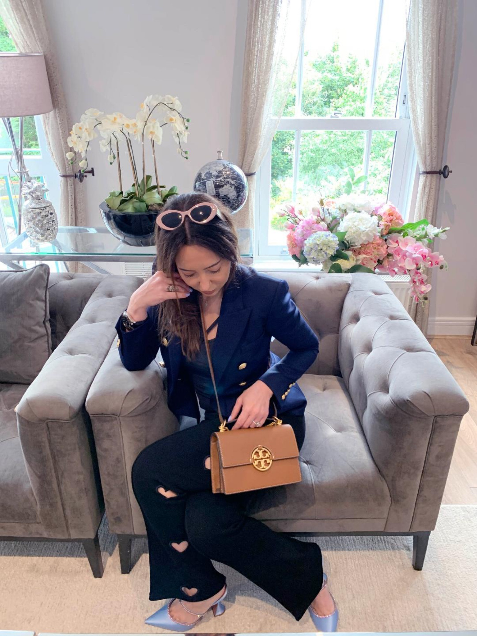 Navy blazer, heart cut out trousers, black mini handbag, tony burch brown handbag, pale pink sunglasses, sunnies 

#LTKeurope #LTKstyletip #LTKSeasonal