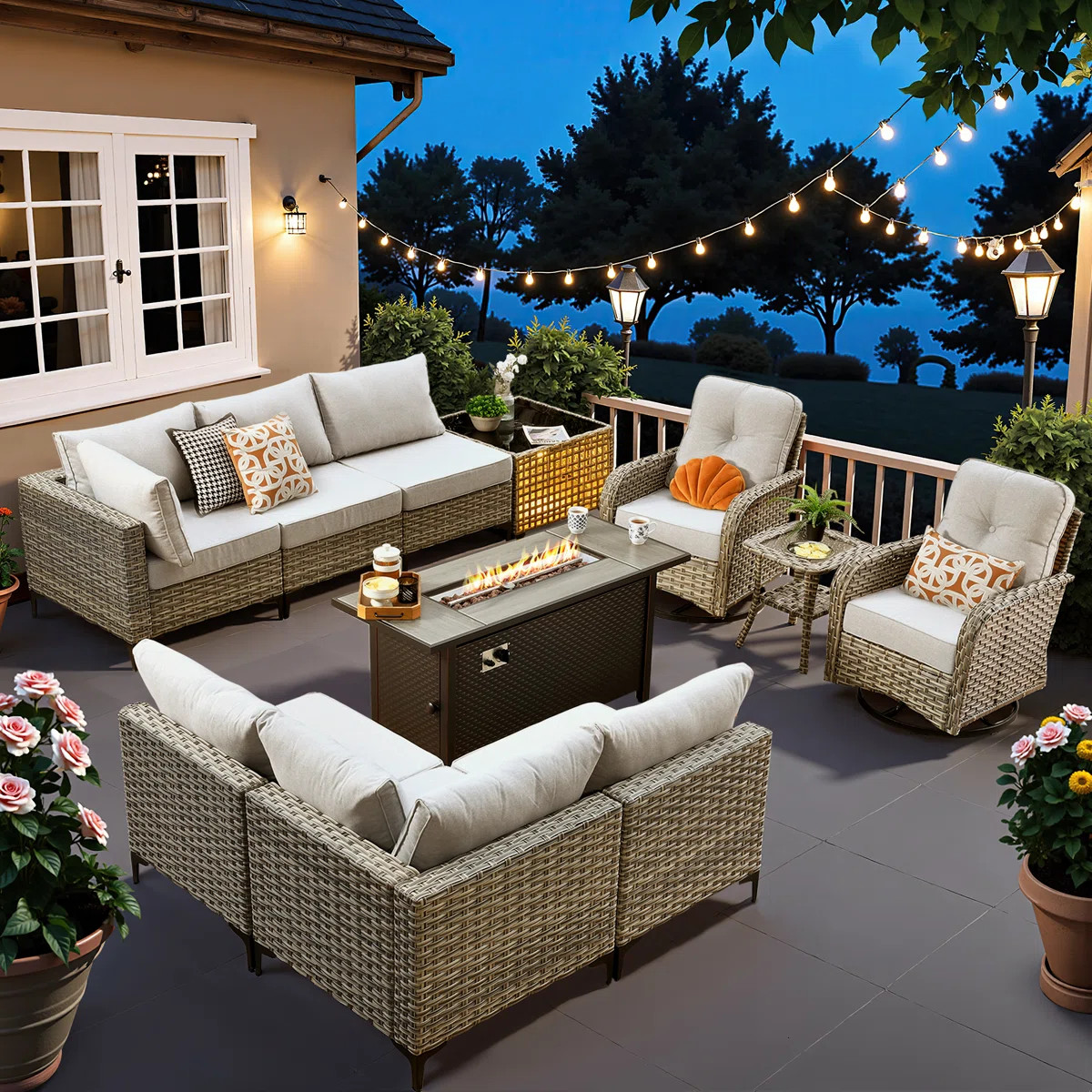 Sorella 11-Piece PE Wicker Outdoor Patio Furniture Set with 54" Propane Fire Pit Table & Solar-Po... | Wayfair North America