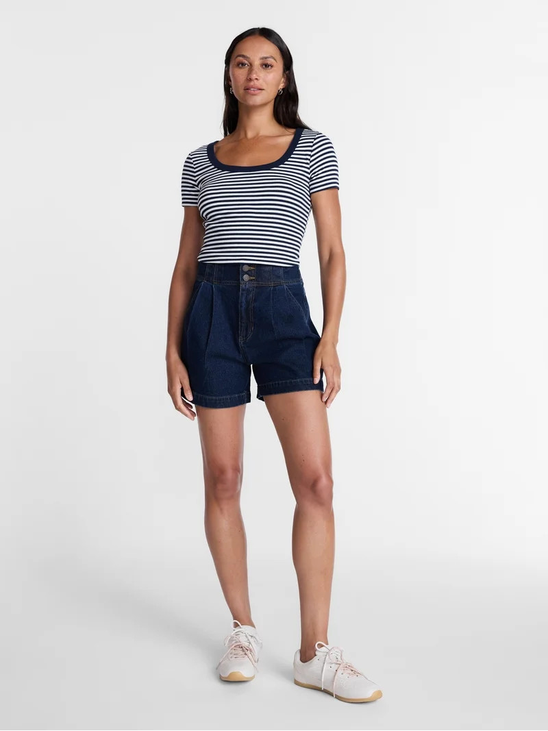 Time and Tru Women's Ribbed Scoop Neck Tee with Short Sleeves, Sizes XS-XXXL | Walmart (US)