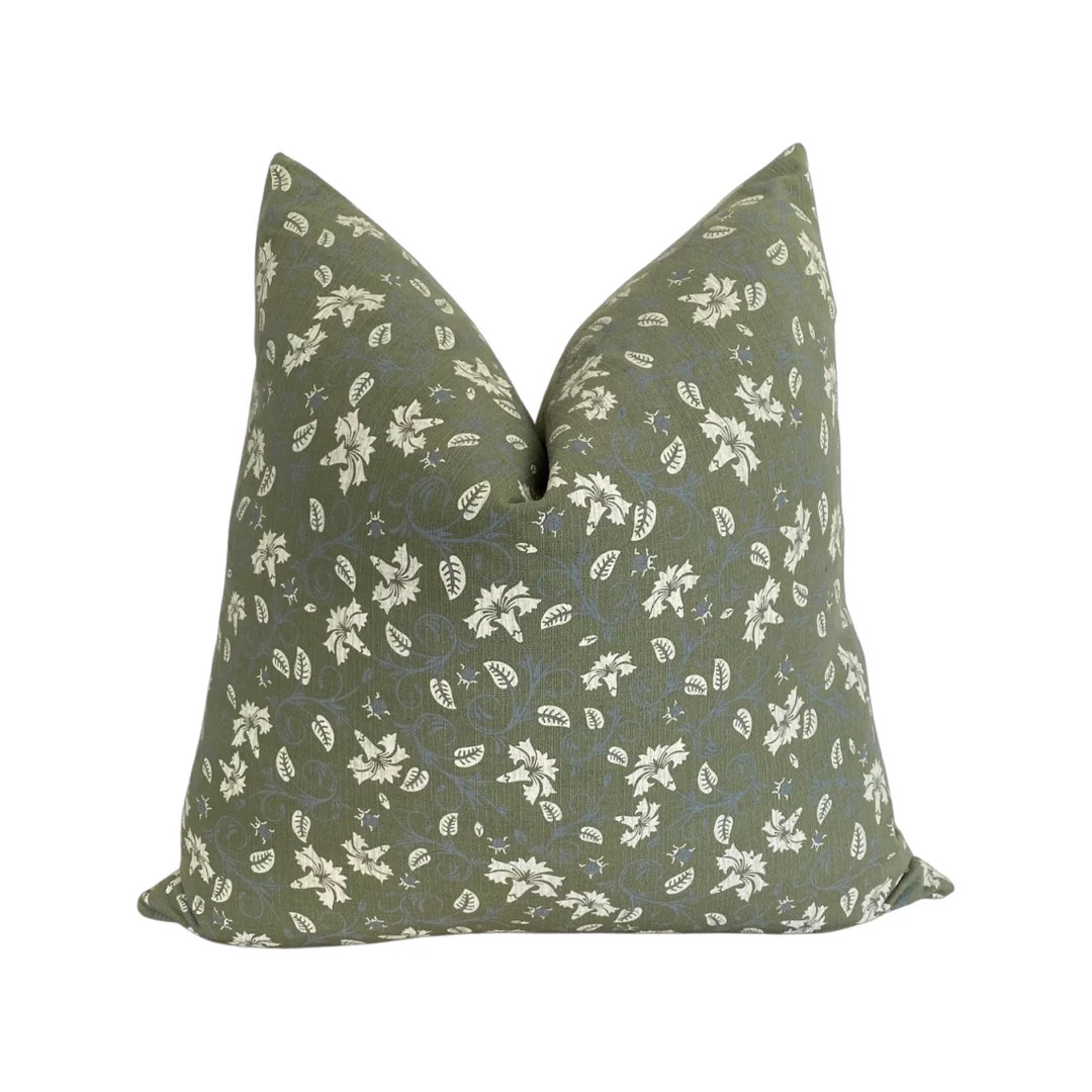 Fern Green, Blue and Cream Floral Print Throw Pillow Cover, Square or Lumbar Pillow Cover, Cover ... | Etsy (US)