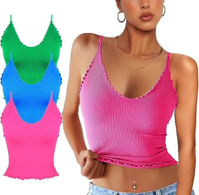 CHYRII Women 3 Pack Ruffled V Neck Cropped Tops Workout Basic Ribbed Camisole Tank Tops | Amazon (US)