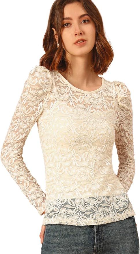 Allegra K Women's Vintage Semi Sheer Puff Long Sleeve Embroidery Blouse Lace Top | Amazon (US)