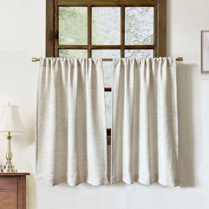 Faux Linen Kitchen Curtains 36 Inch Length Cafe Curtain Tiers for Living Room Bathroom Basement W... | Amazon (US)