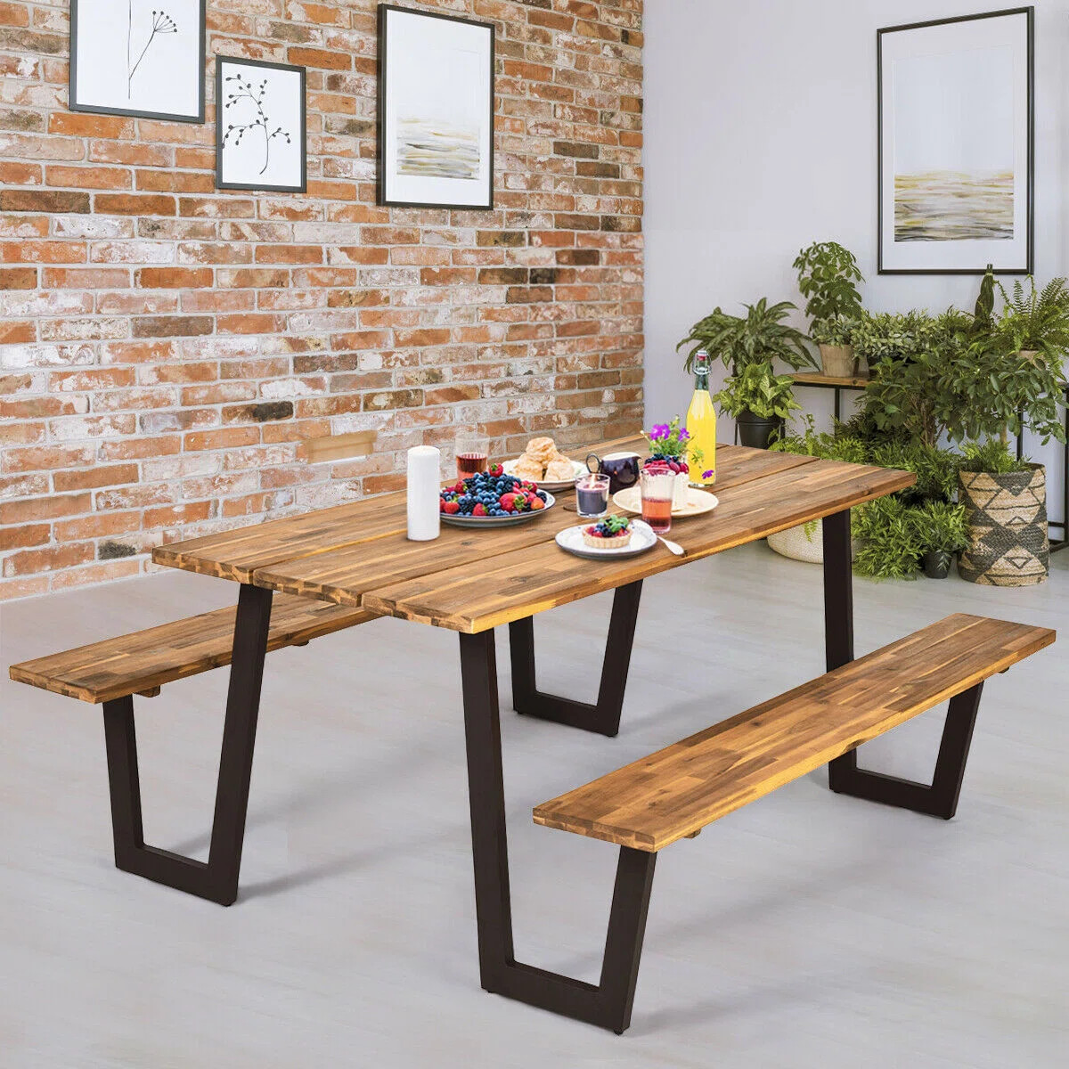 Reeside Rectangular Metal Outdoor Picnic Table With Umbrella Hole , 70'' in. W 60'' in. D | Wayfair North America