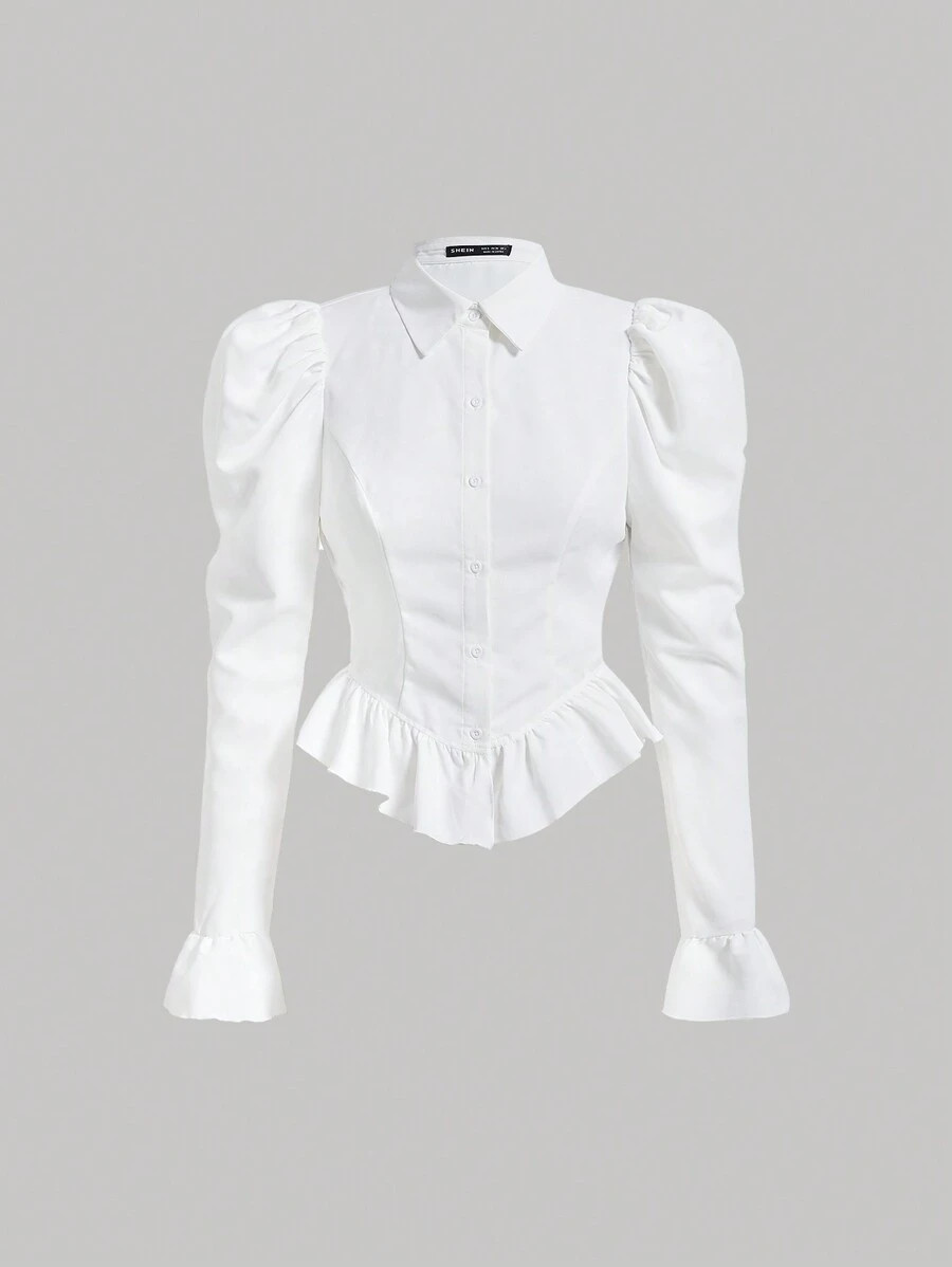 SHEIN MOD Flare Sleeve Ruffle Hem Puff Sleeve White Waisted Blouse,Long Sleeve Tops | SHEIN