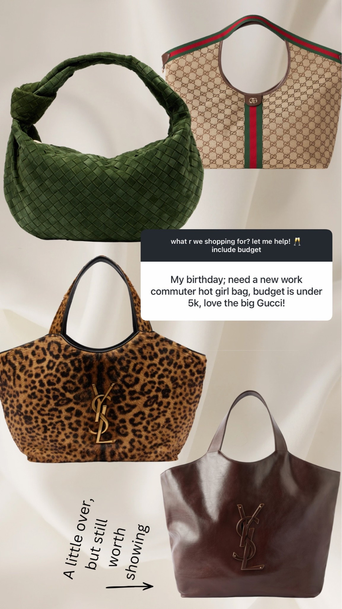 Large designer bags around $5000 that are perfect for work-well maybe not the botega if you need to put a laptop in it ￼

#LTKselfcare #LTKWorkwear #LTKTravel
