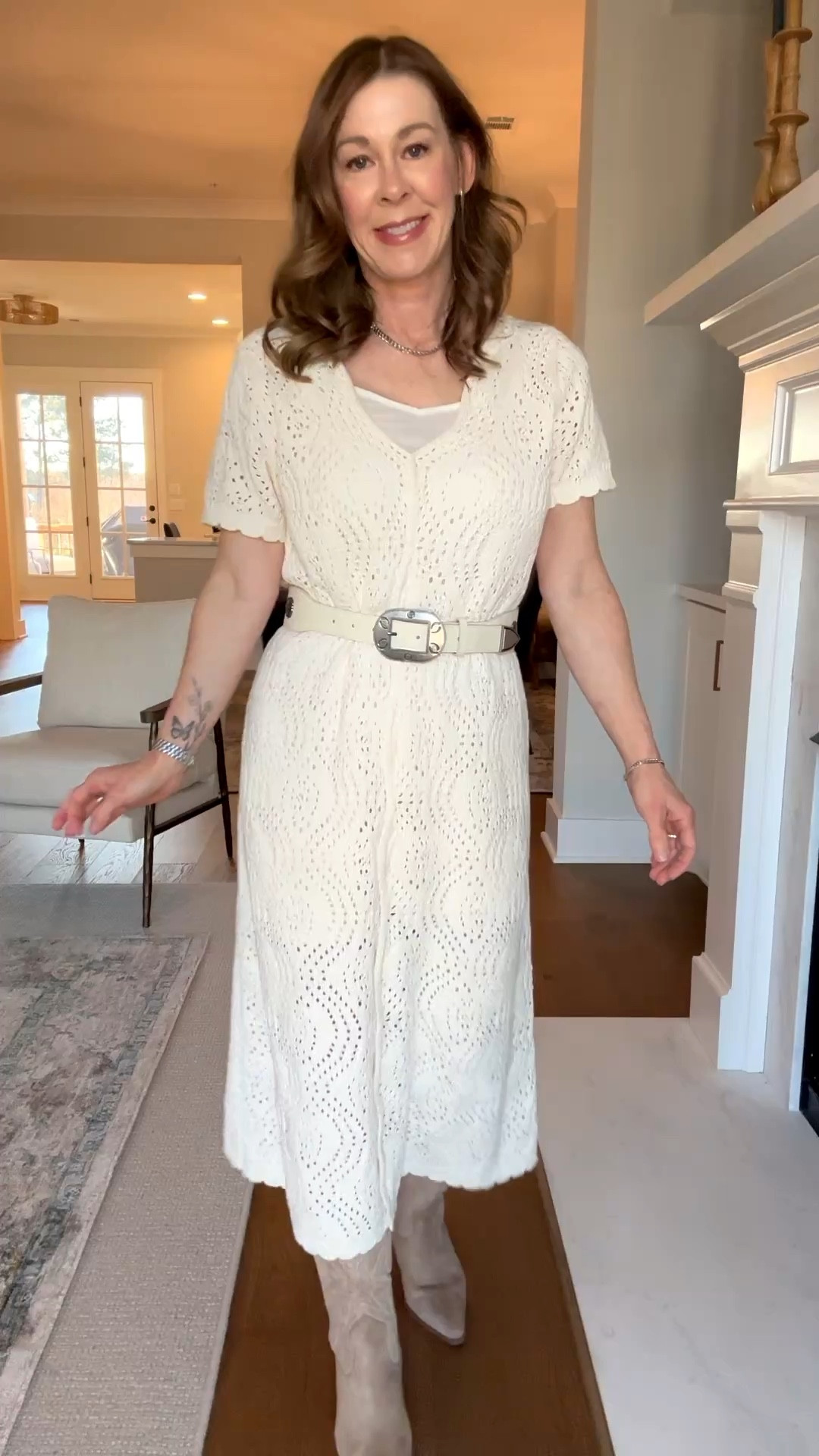 Love this crochet dress! I sized up to a medium! 
Added a fun belt! 
#target #concertlook

#LTKFestival #LTKPetite