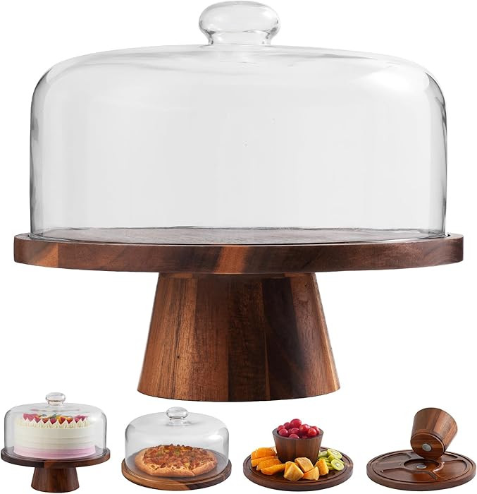 Acacia Wood Cake Stand with Glass Lid\u201312" Magnetic Base for Parties&Kitchen | Amazon (US)