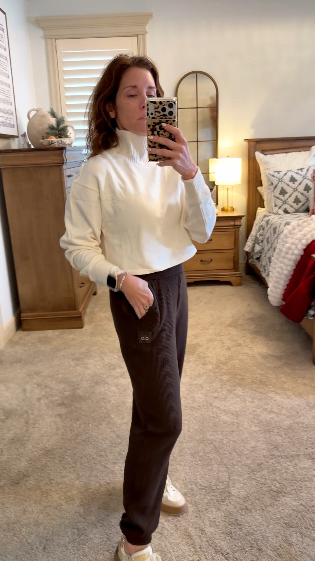 Alo winter white mock with chocolate brown waffle joggers paired with yellow box tennis 
All size XS 

#LTKGiftGuide #LTKActive #LTKOver40